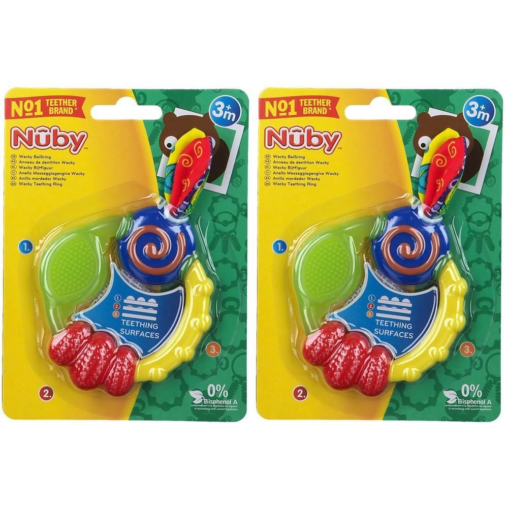 Anneau de dentition Nuby avec surfaces et couleurs variées. Pour bébés dès 3 mois.