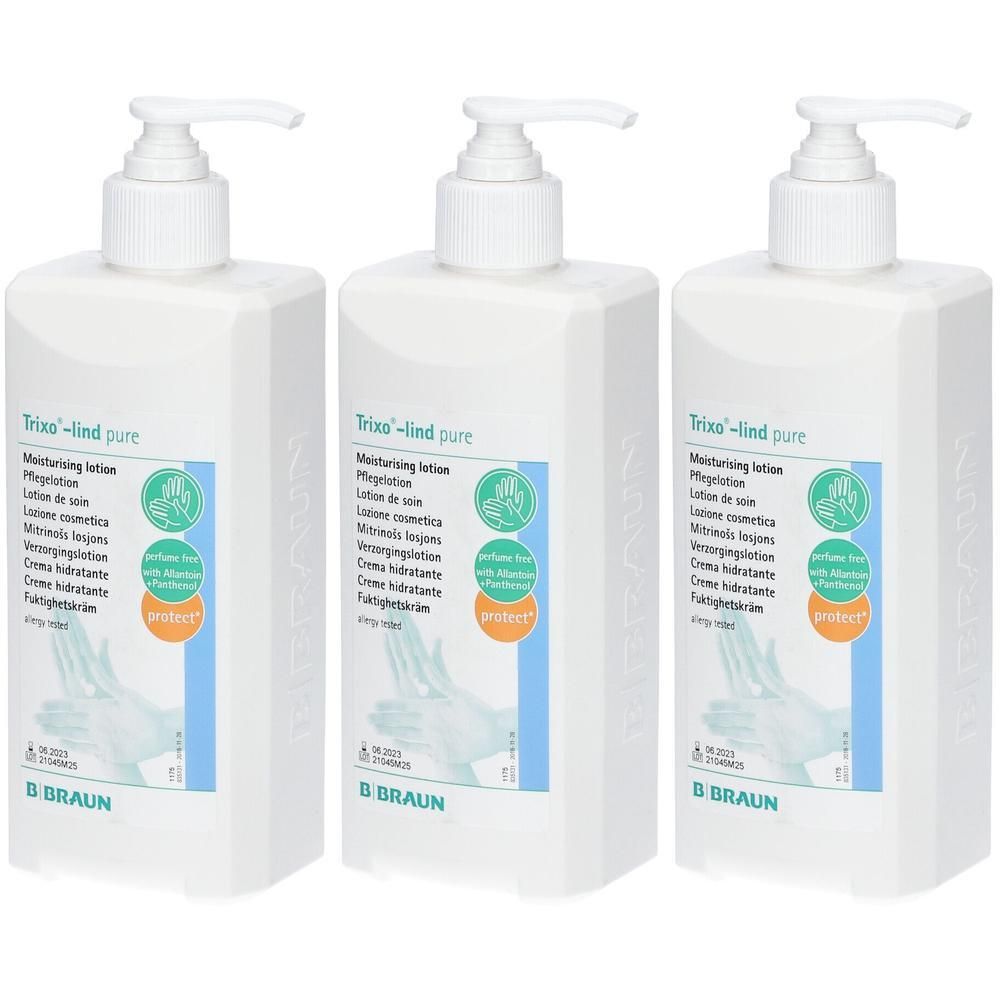 Trois flacons pompe blancs de lotion hydratante Trixo-lind pure. Logo B. Braun visible.