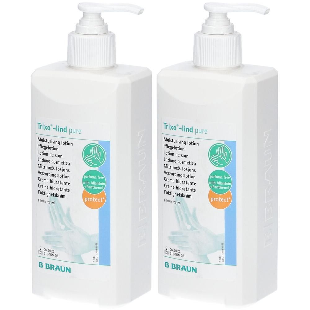 Twee witte pompflesjes Trixo-lind pure.