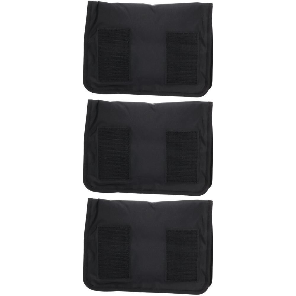 Drie zwarte cold packs met klittenbandsluitingen.