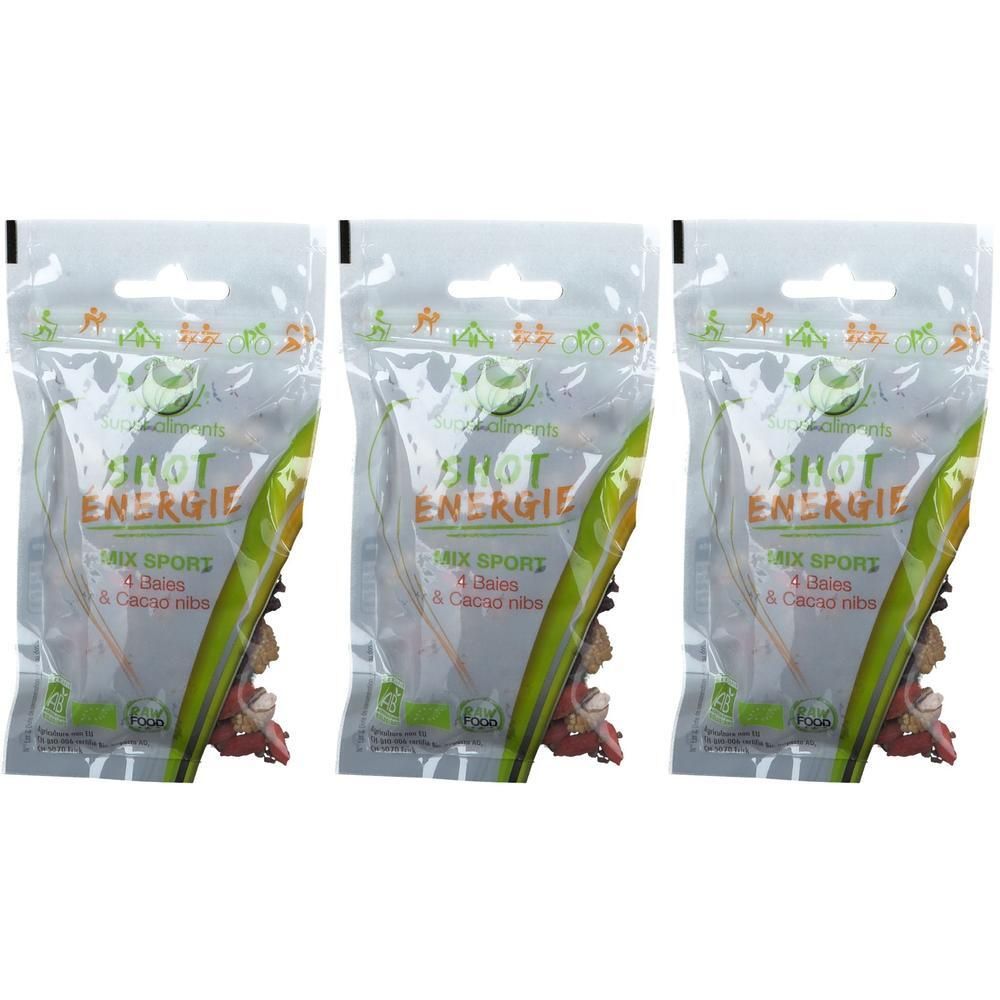 Trois sachets Shot Energie Mix Sport avec dattes et éclats de cacao.