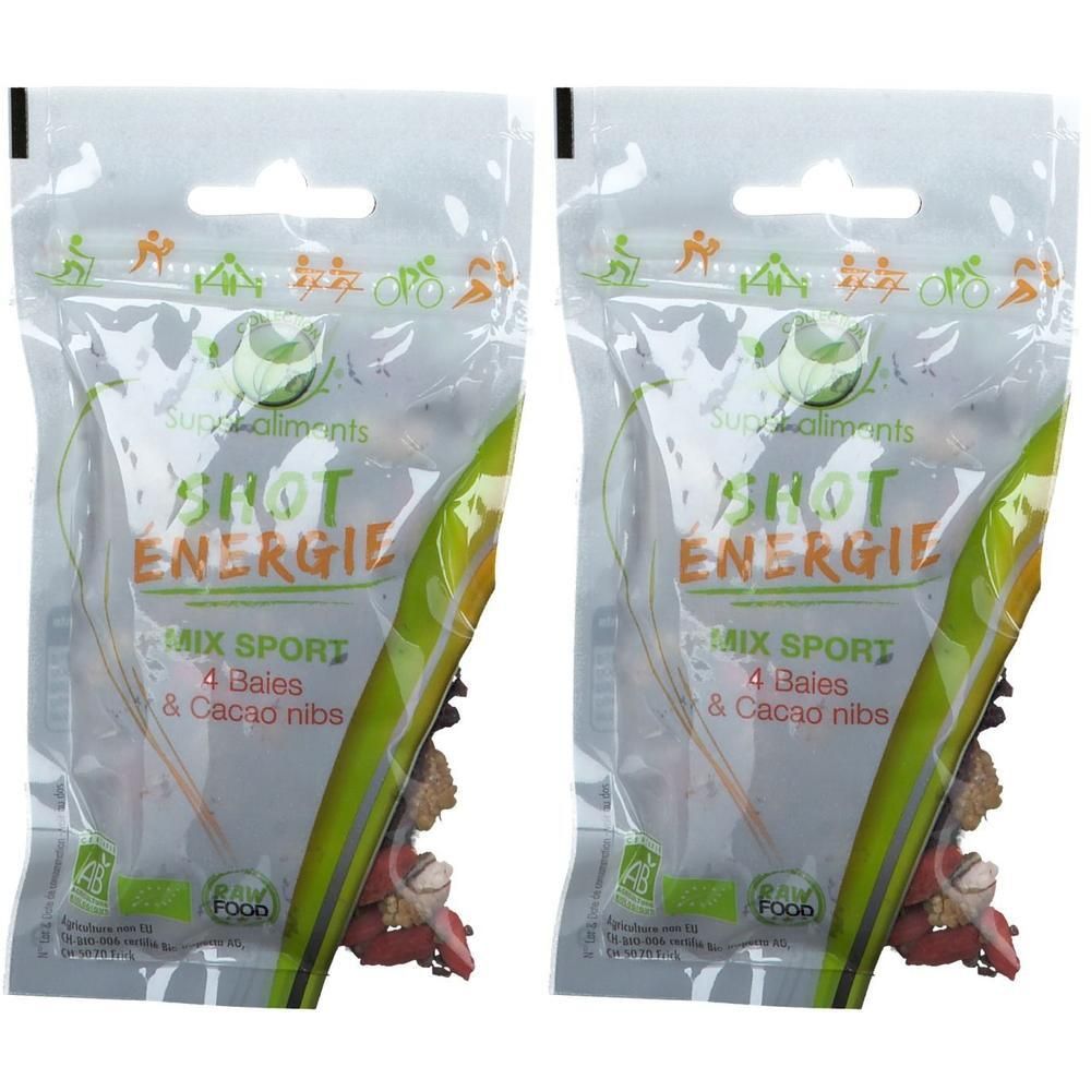Twee zakjes Shot Energie Mix Sport met bessen en cacaonibs.