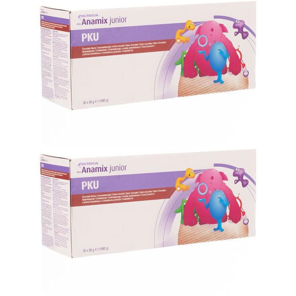 Deux paquets de Nutricia Anamix Junior PKU avec des personnages de dessin animé colorés.