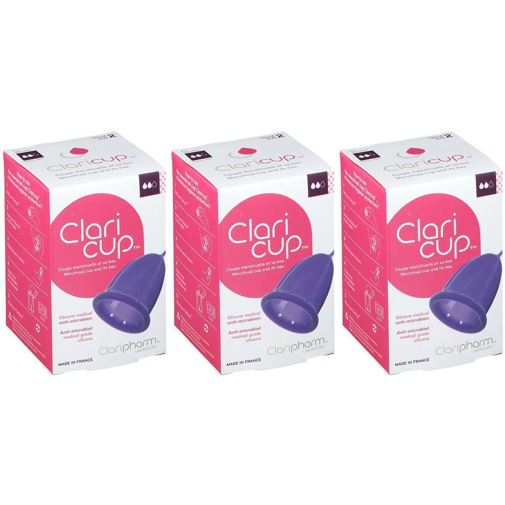 Trois boîtes de coupes menstruelles ClariCup, taille 2, violettes.
