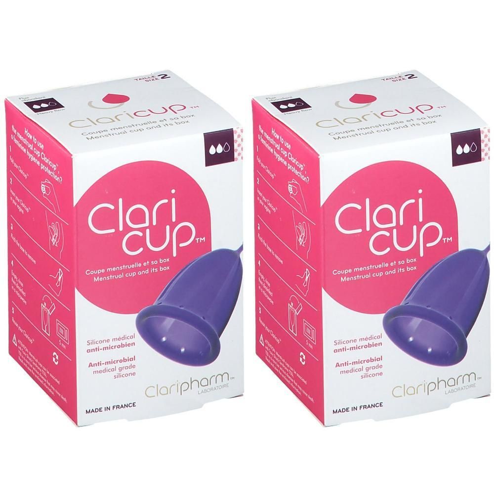 Deux boîtes de coupes menstruelles ClariCup, taille 2, violettes. Qualité silicone médical.