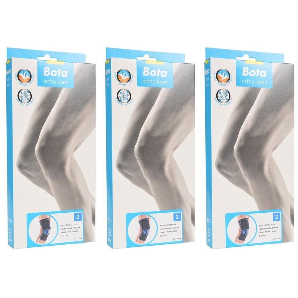 Trois paquets de genouillère Bota Ortho, taille 2, avec une image de genou.