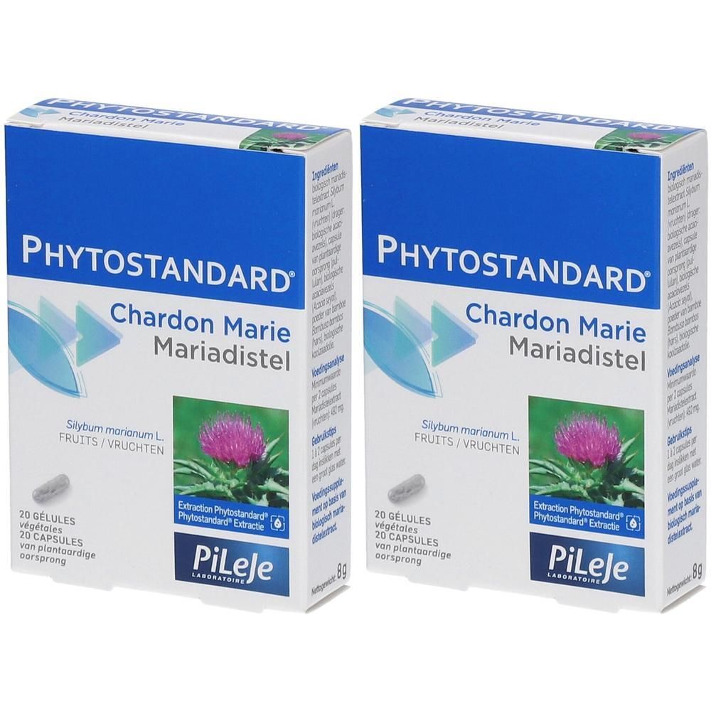 Twee doosjes Phytostandard Chardon Marie Mariadistel, elk 20 capsules. Een distelbloem is afgebeeld.
