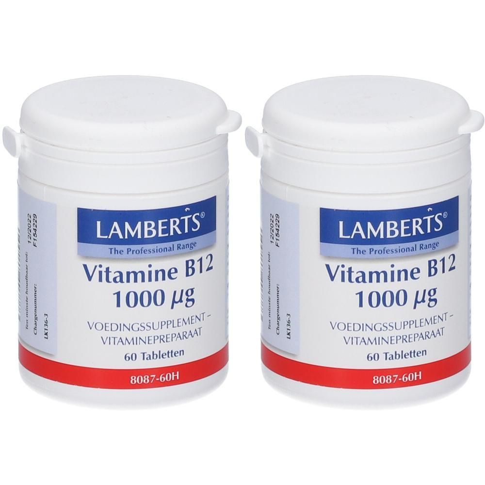 Twee potten Lamberts Vitamine B12 1000 µg, voedingssupplement, 60 tabletten per pot.