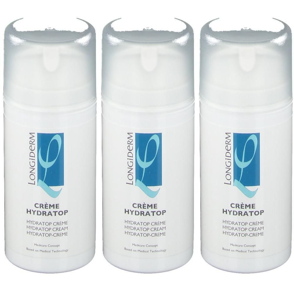 Drie flacons Longiderm Anti-Age Hydratop Creme met pompdispenser.