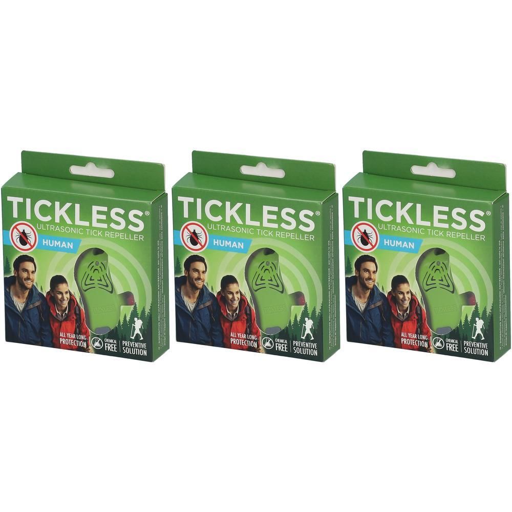 Trois emballages verts Tickless pour répulsifs ultrasoniques contre les tiques et les puces pour humains.