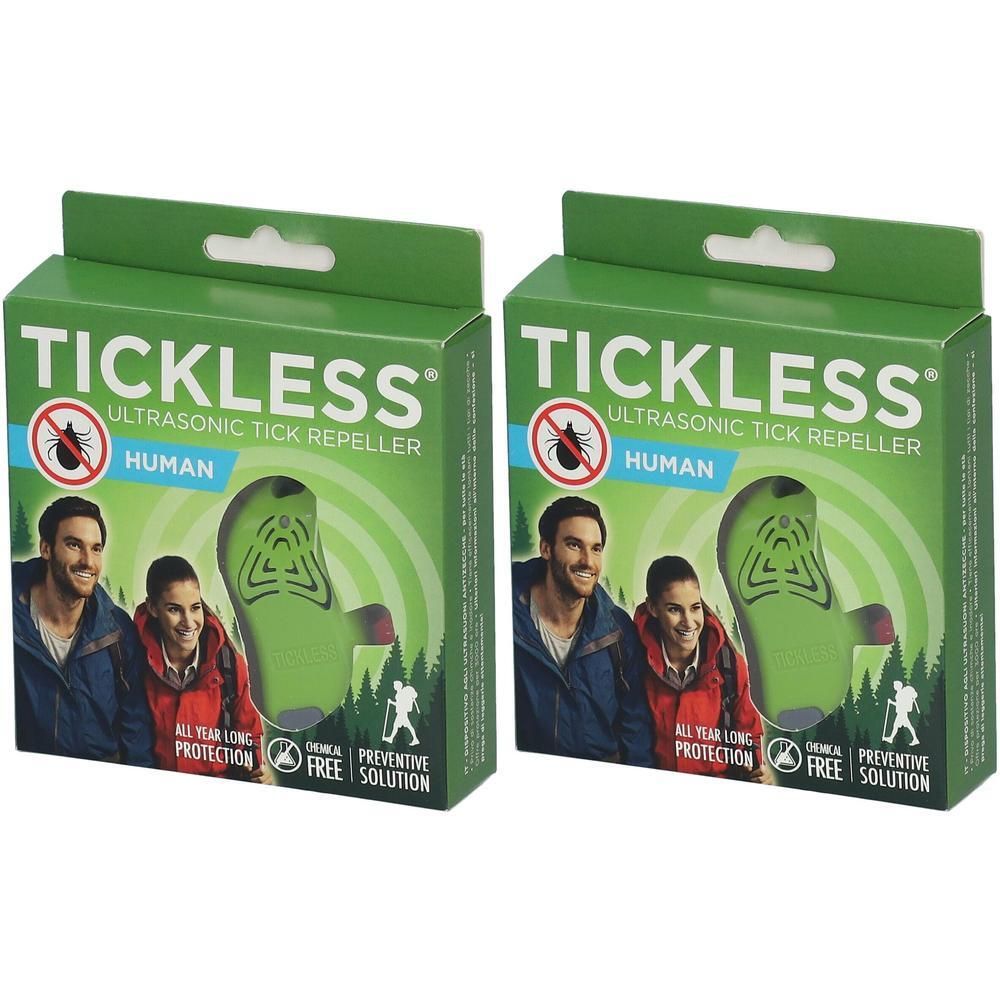 Twee verpakkingen Tickless Ultrasone tekenverjager voor mensen. Groene dozen met productafbeelding en tekst.