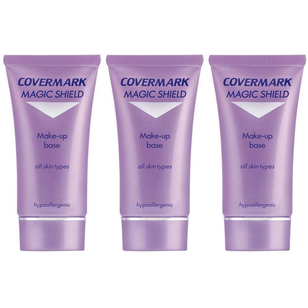 Trois tubes de Covermark Magic Shield Make-up Base, hypoallergénique, pour tous types de peau.