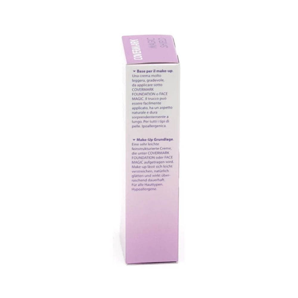 Zijaanzicht van de Covermark Magic Shield Make-up Base verpakking met instructies.