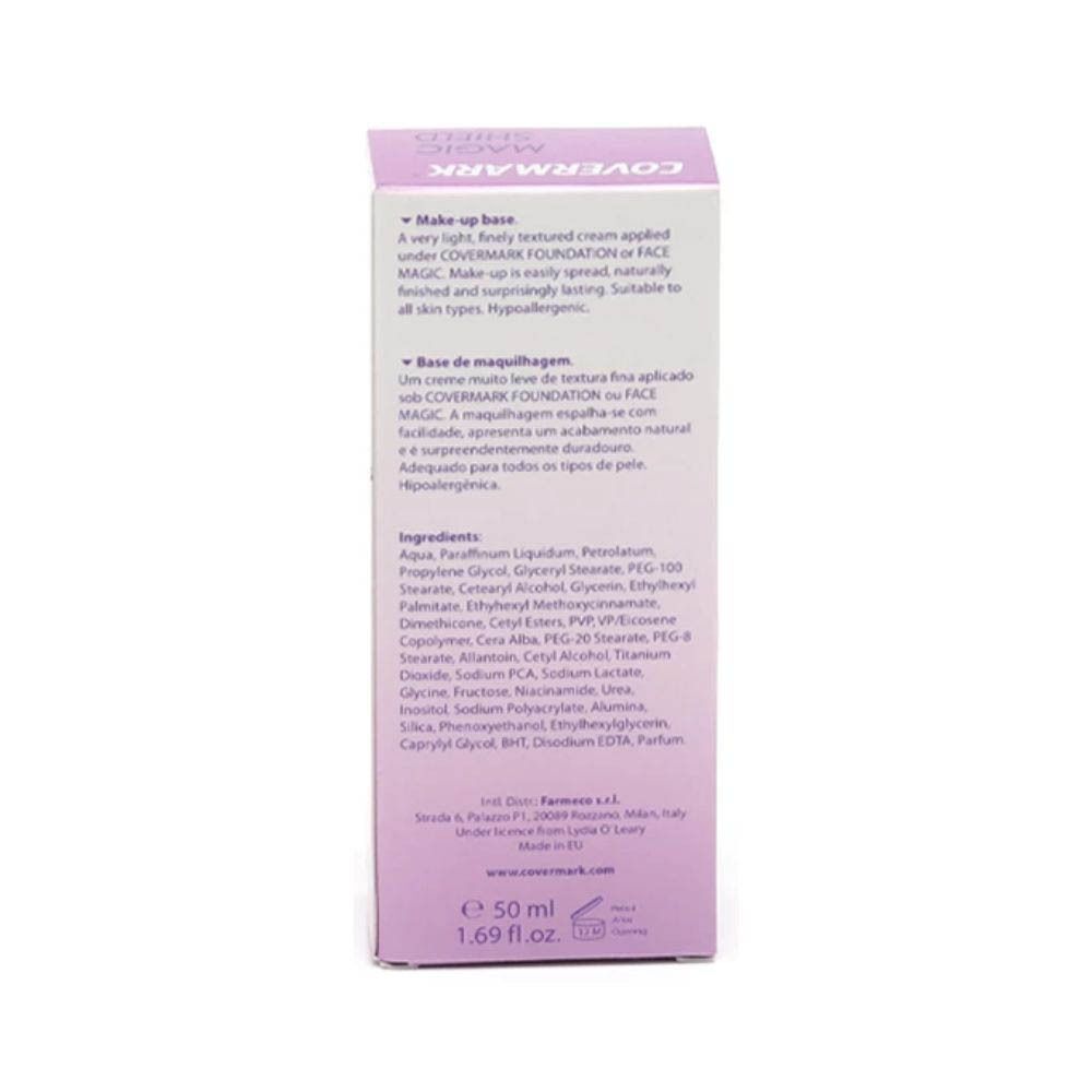 Achterkant van de Covermark Magic Shield Make-up Base verpakking met ingrediënten en volume.