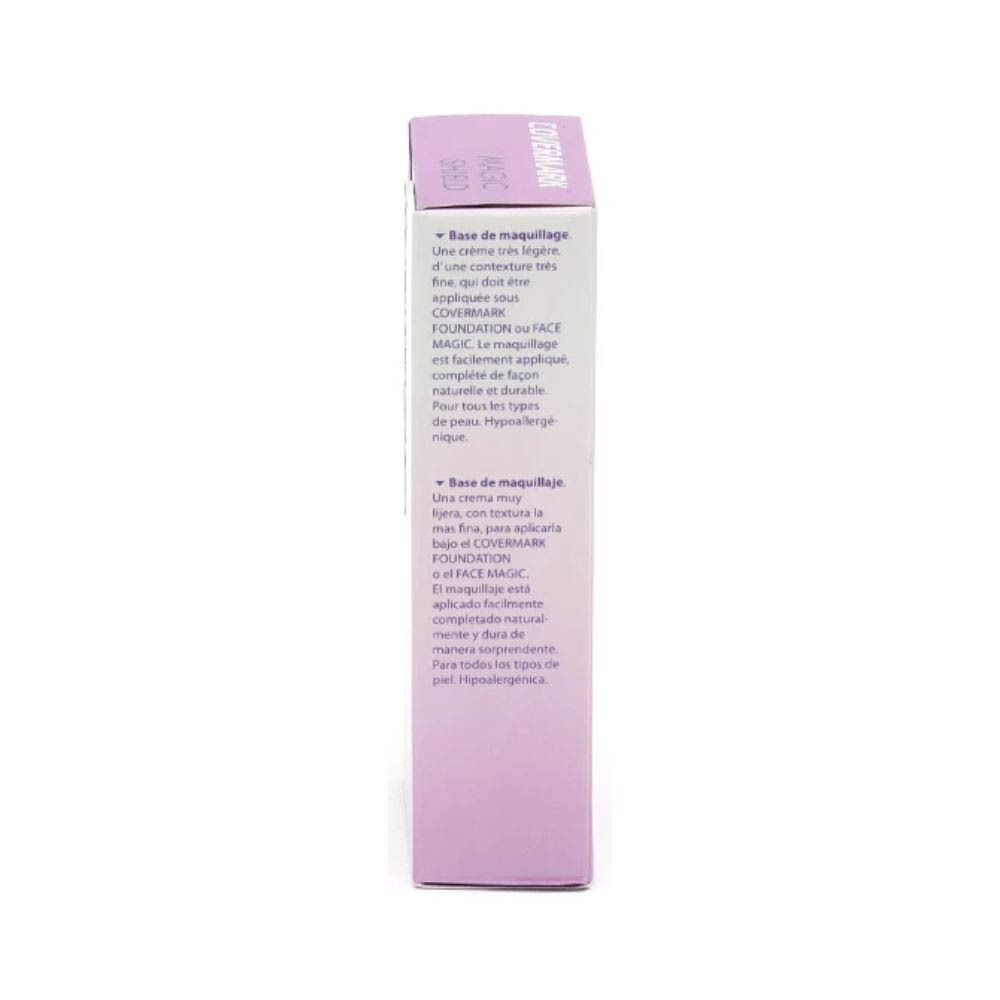 Vue latérale de la boîte Covermark Magic Shield Make-up Base avec instructions.