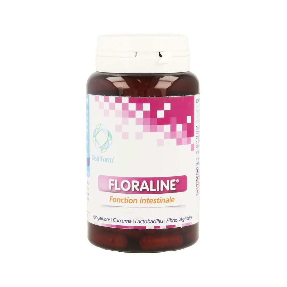 Boîte de pilules brune avec couvercle blanc. L'étiquette indique le nom du produit FLORALINE et "Fonction intestinale".