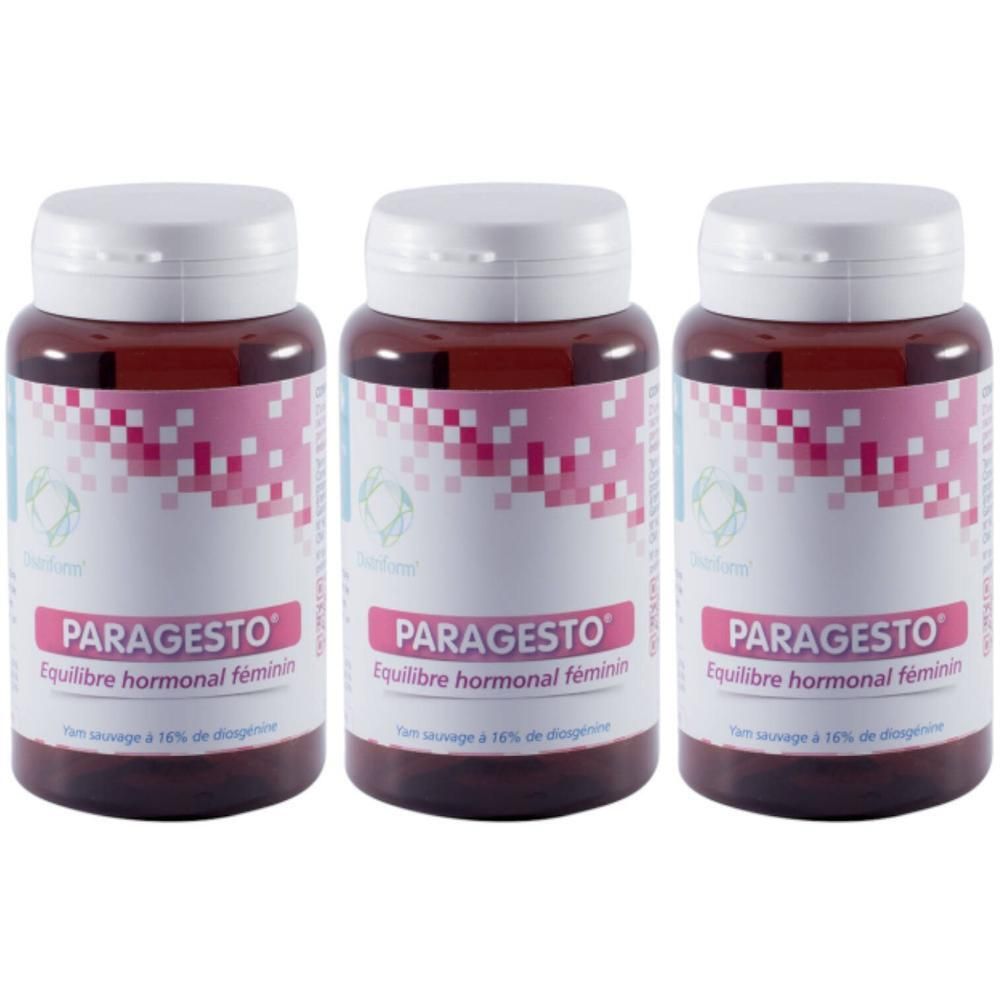 Drie flacons Paragesto met witte dop en etiket met "Équilibre hormonal féminin".