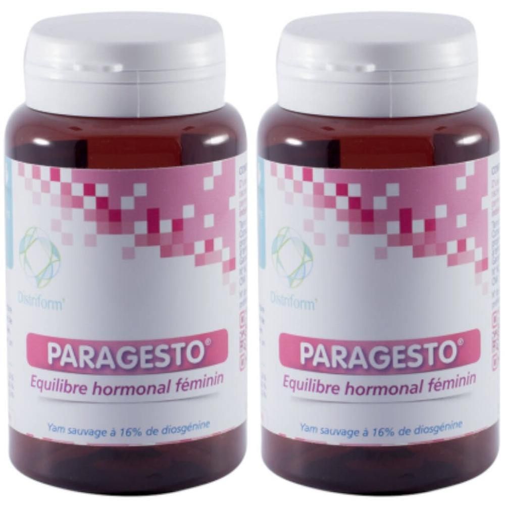 Twee bruine potjes met witte doppen, etiketten met roze en witte vierkanten en tekst "PARAGESTO".