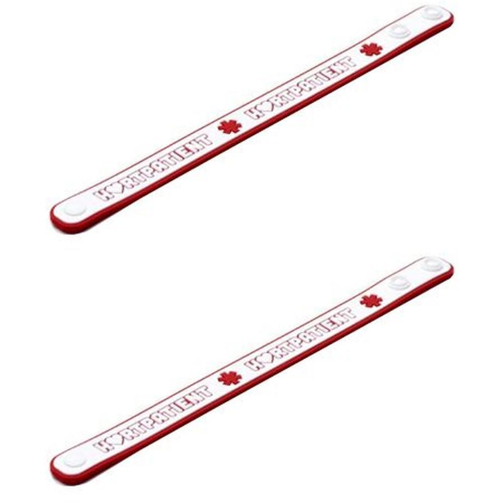 Twee rode en witte polsbandjes met "HEARTPATIENT"-opschrift en rood hartsymbool.