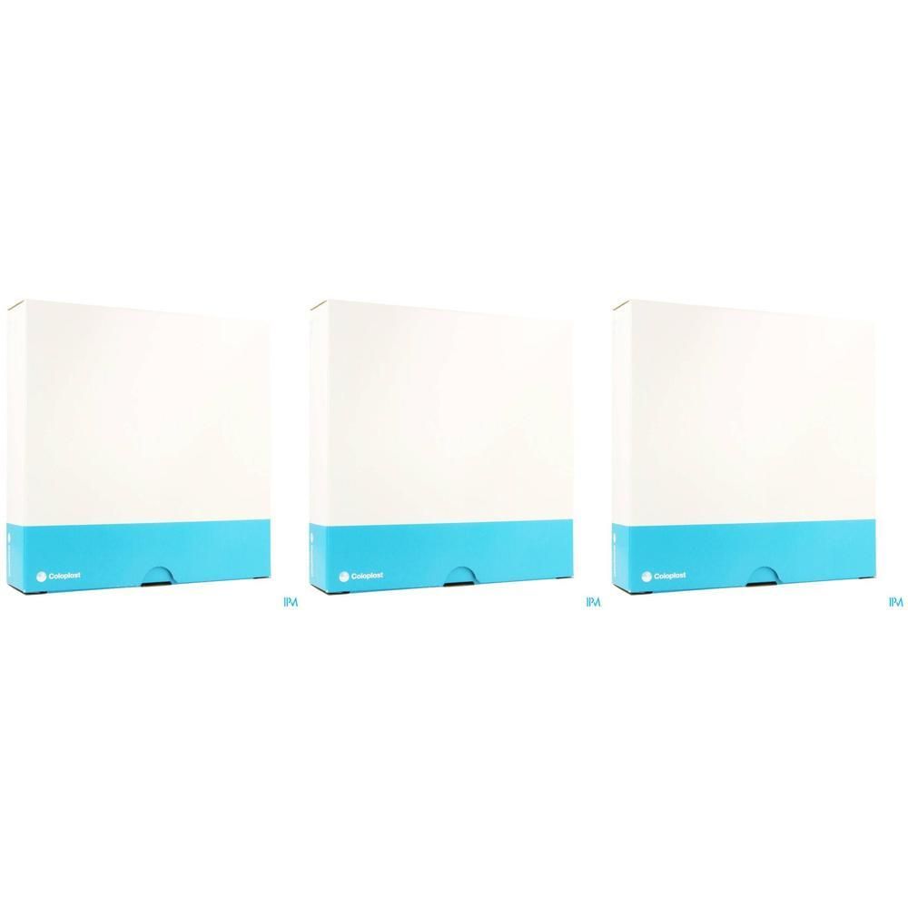 Trois boîtes blanches avec une bande bleue en bas. Un petit logo est visible sur la bande bleue.