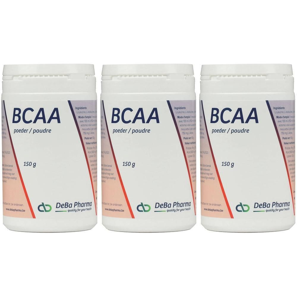 Trois pots de poudre BCAA de DeBa Pharma, chacun 150 g.