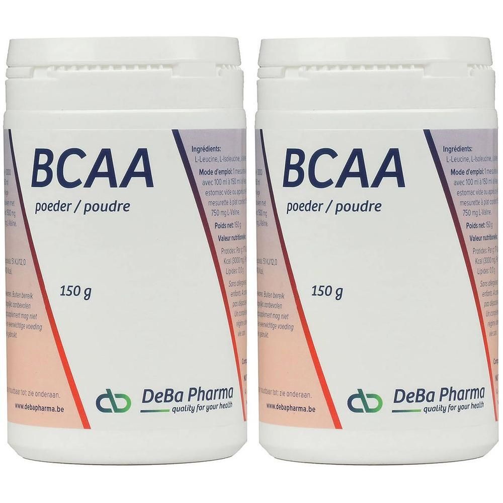 Twee potten BCAA poeder, elk 150g. Merk: DeBa Pharma.