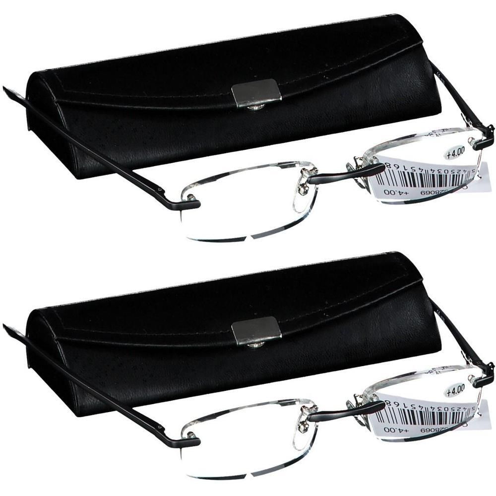 Deux paires de lunettes de lecture sans monture avec étuis. Chaque paire est de +4.00.