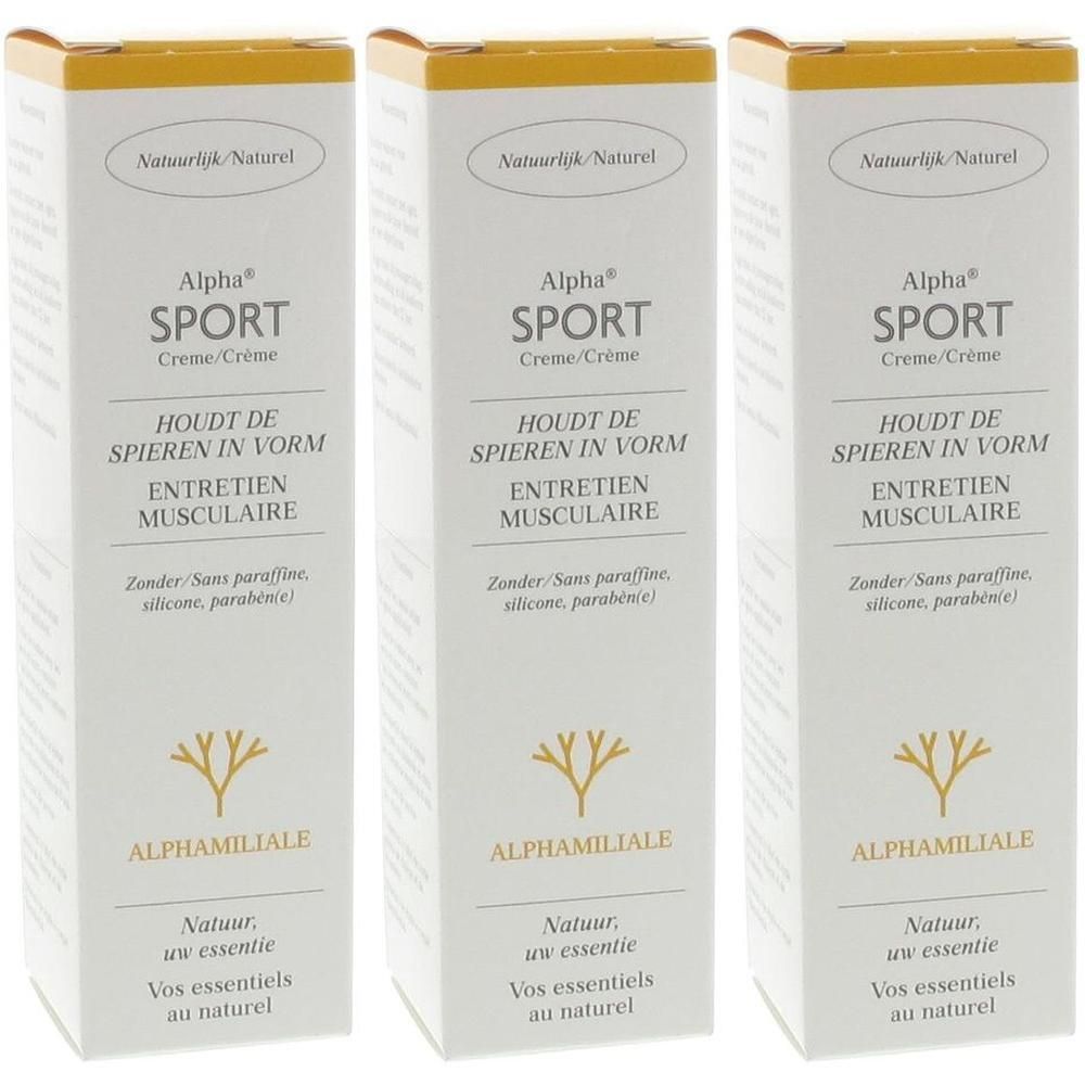 Trois boîtes de crème Alpha Sport. Texte sur l'entretien musculaire et les ingrédients naturels.