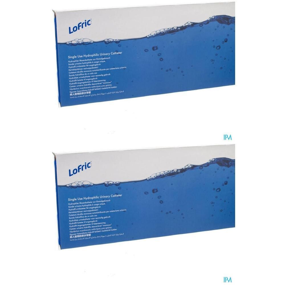 Deux boîtes de cathéters urinaires hydrophiles LoFric. Emballage bleu avec motif ondulé et informations produit.