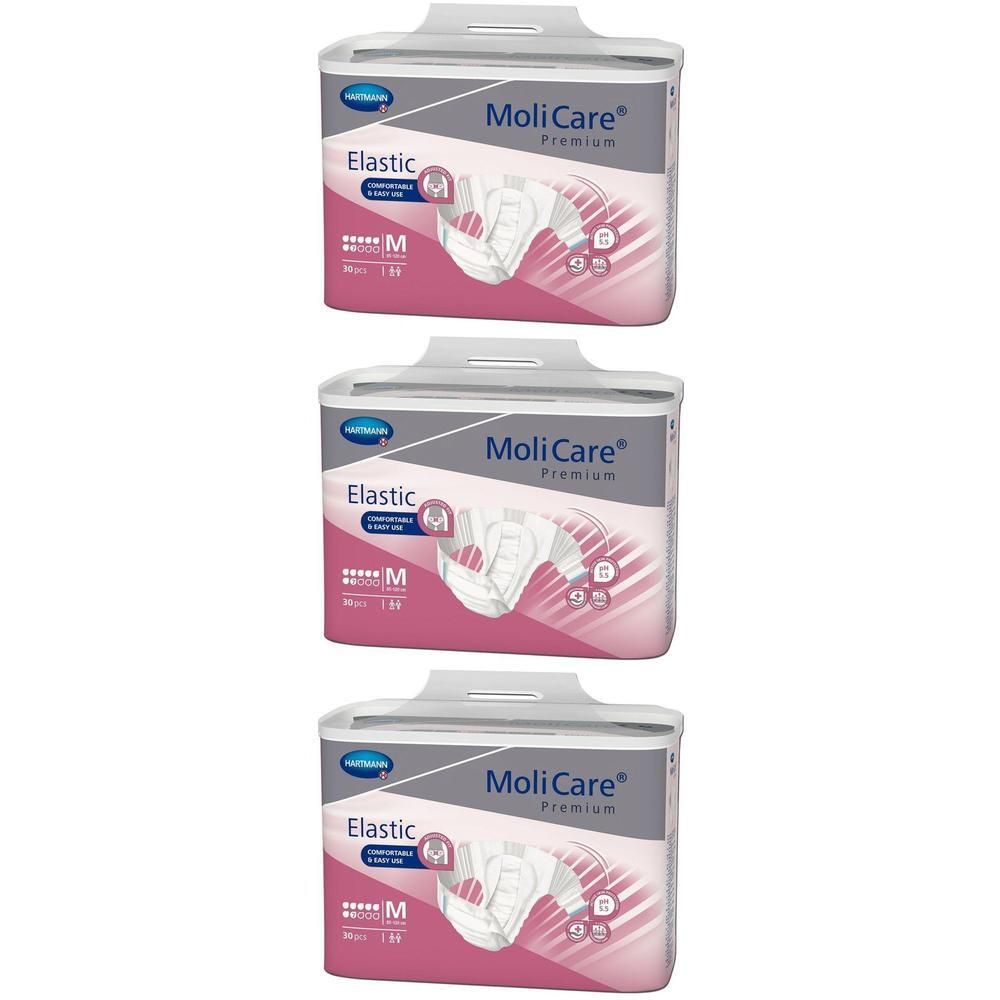 Trois paquets de culottes d'incontinence MoliCare Premium Elastic Medium. Emballage rose et gris avec illustration du produit.