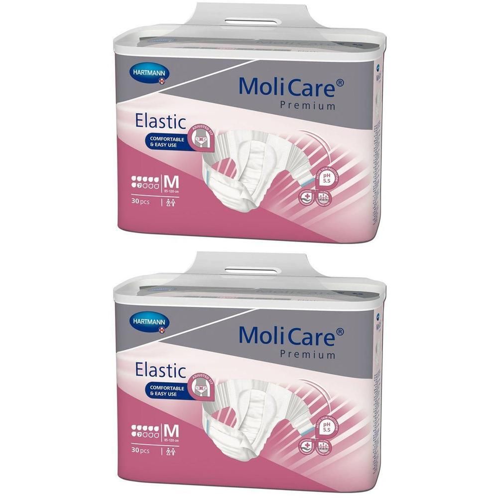Twee pakken MoliCare Premium Elastic Medium incontinentieslips. Maat M, 30 stuks per pak.