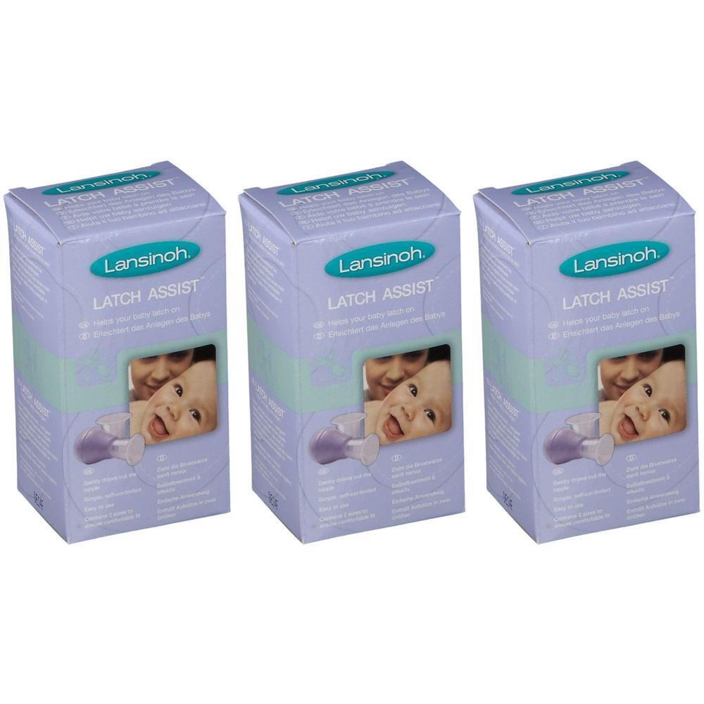 Drie pakken Lansinoh Latch Assist voor tepels, met babyfoto.