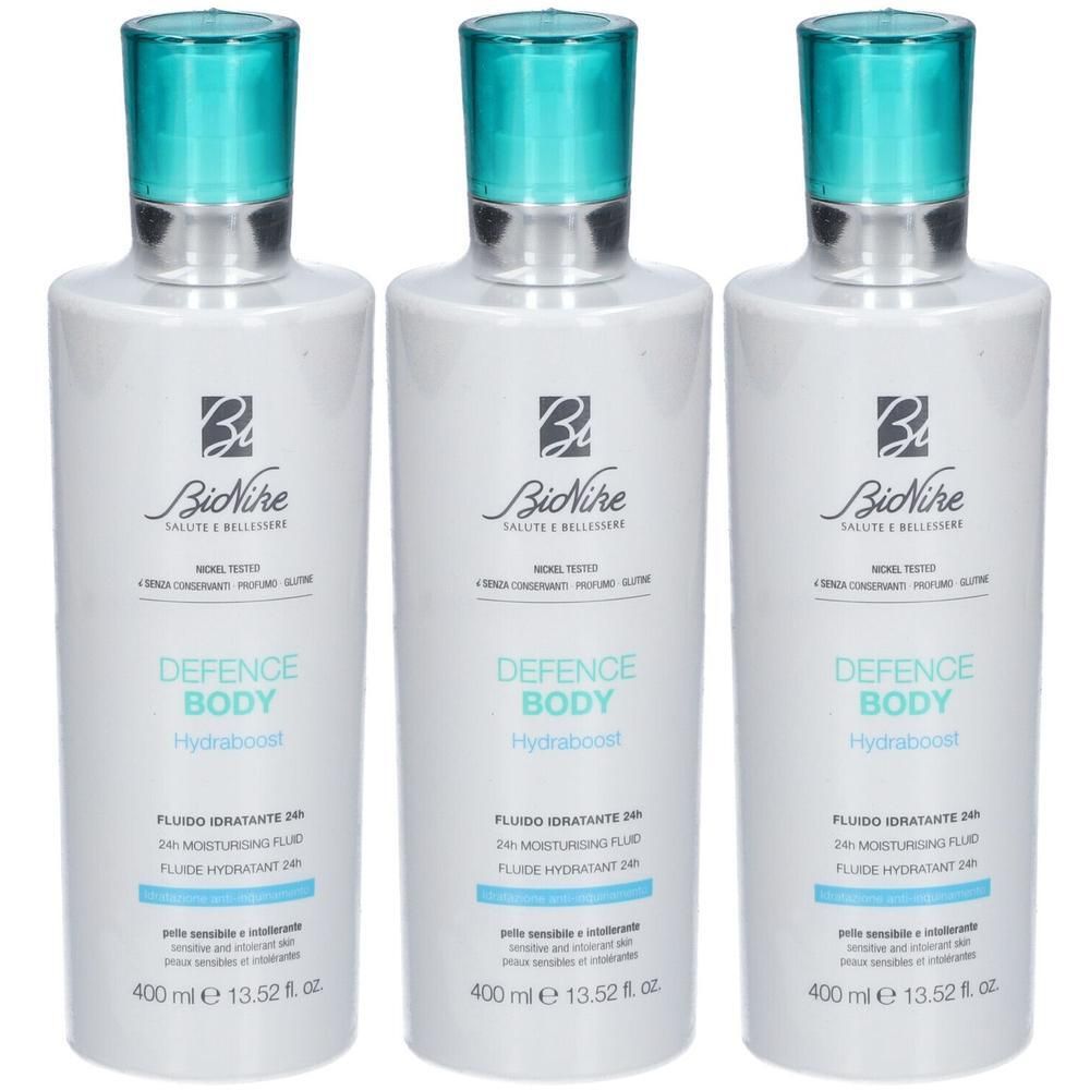 Drie BioNike Defence Body Hydraboost flessen met turquoise doppen.