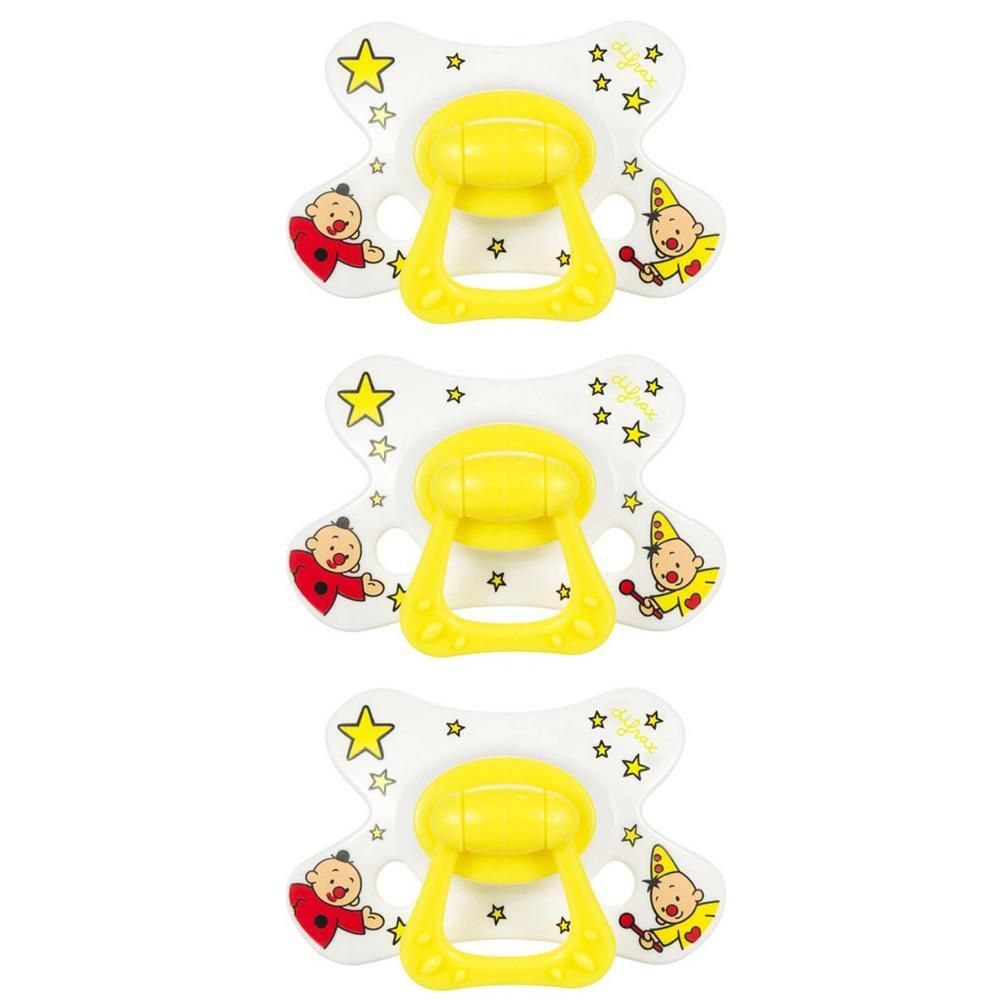Trois sucettes avec manche jaune et bouclier blanc orné d'étoiles et de personnages.
