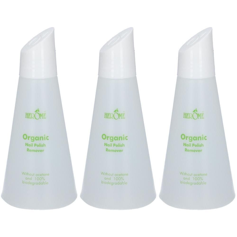 Drie flessen Herome Organic Nagellakremover, transparant, met witte dop.