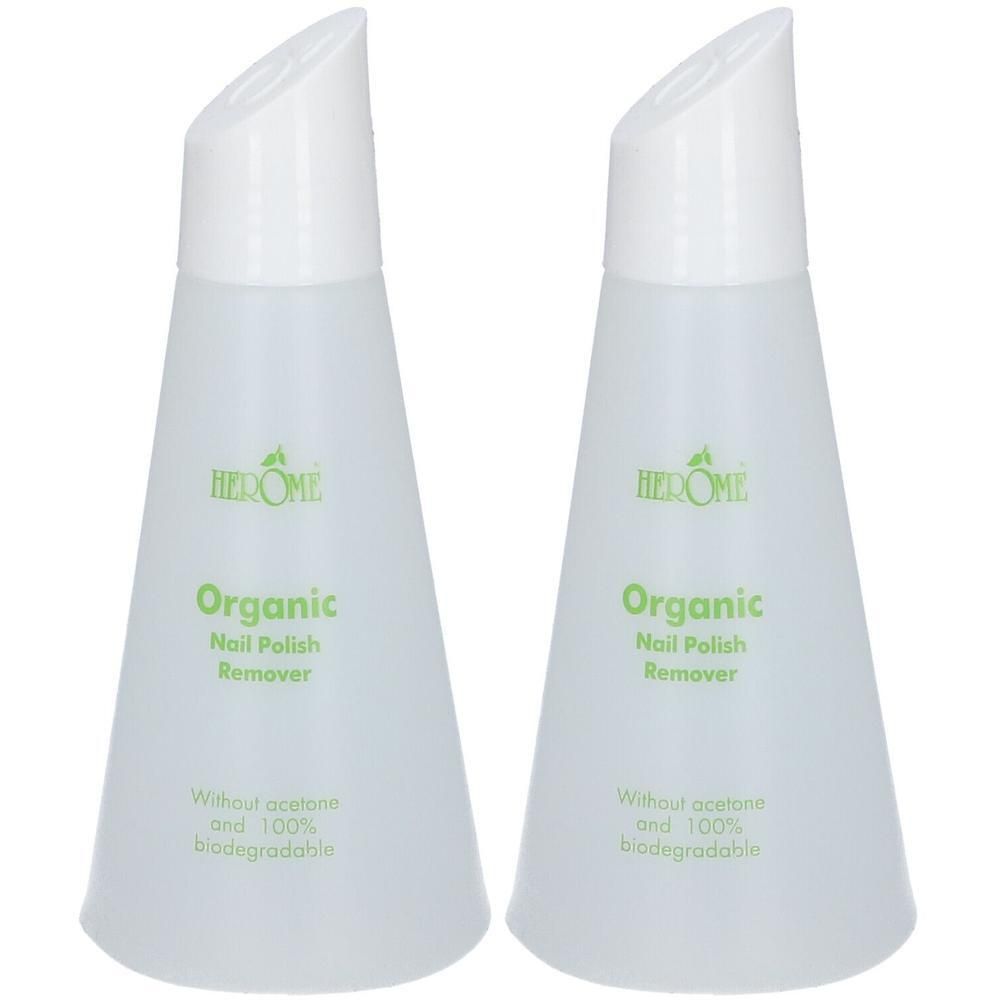 Twee flessen Herome Organic Nagellakremover, 100% biologisch afbreekbaar, zonder aceton.