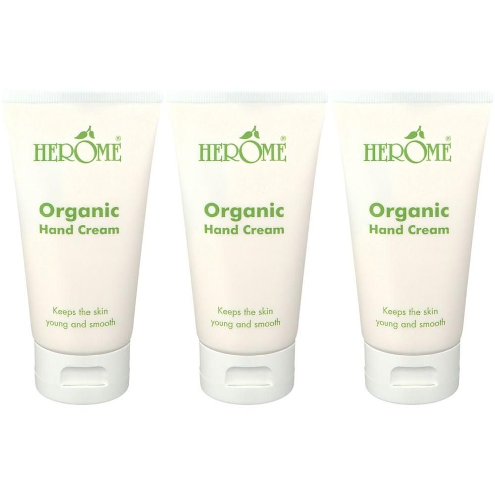 Drie tubes Herome Organic Hand Cream met opschrift.