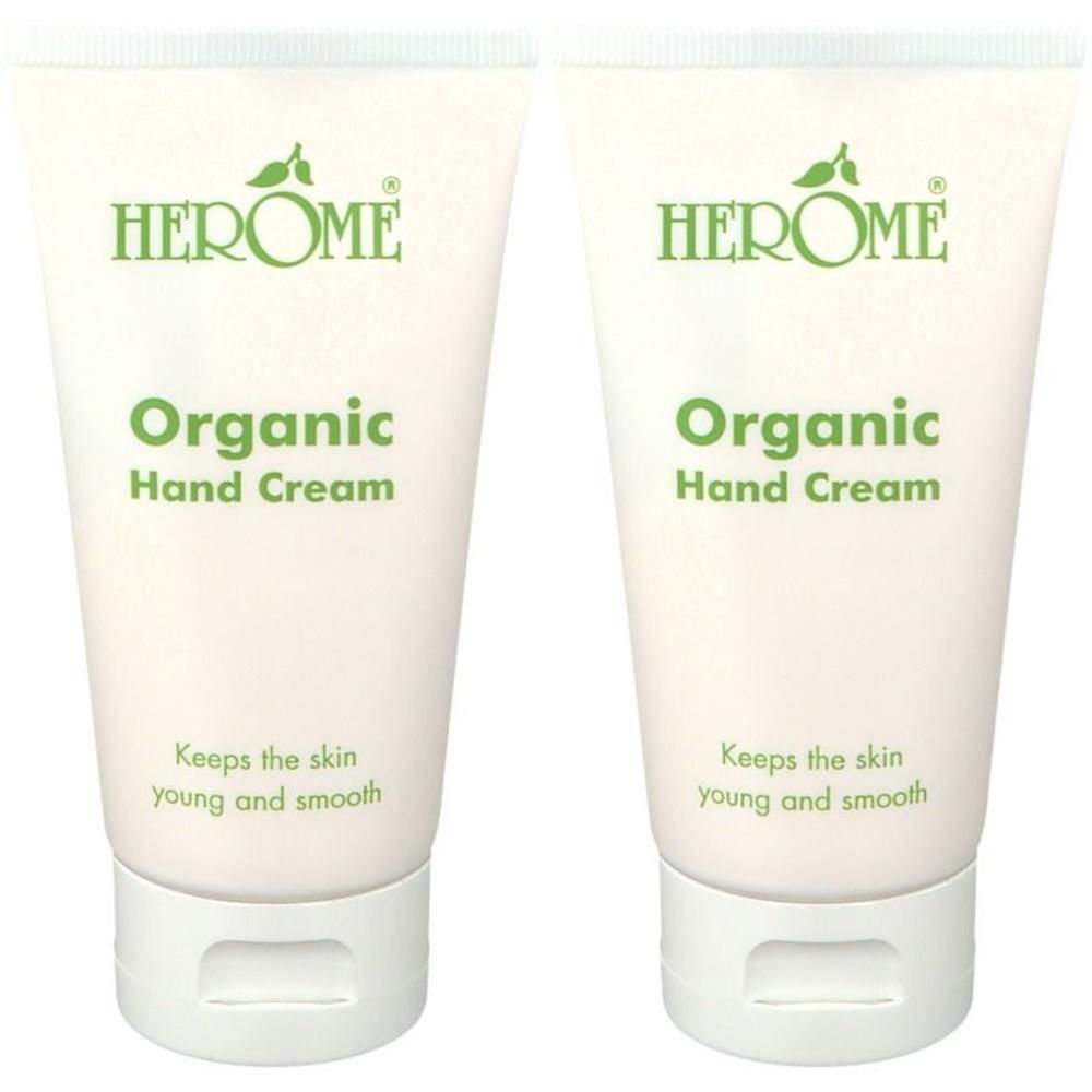Twee tubes Herome Organic Hand Cream met opschrift 'Keeps the skin young and smooth'.