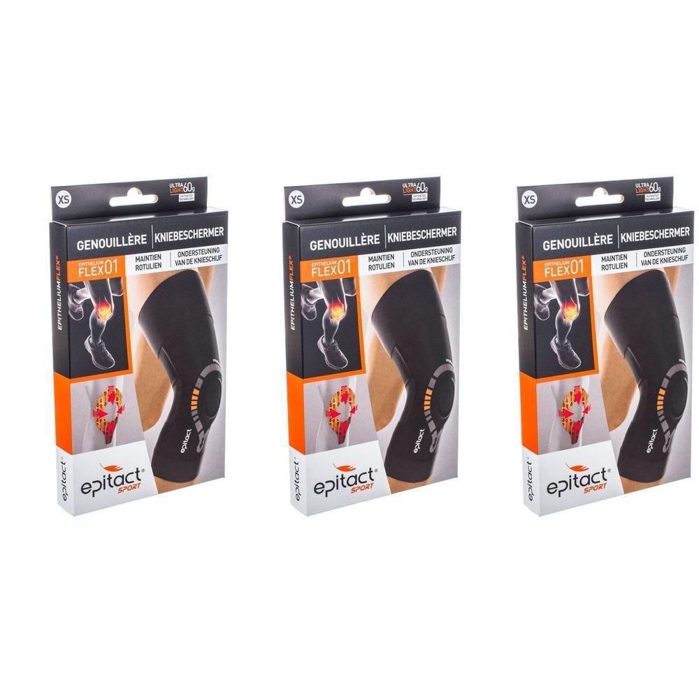 Trois boîtes de genouillère Epitact Sport avec ajustement anatomique et structure Flexi.