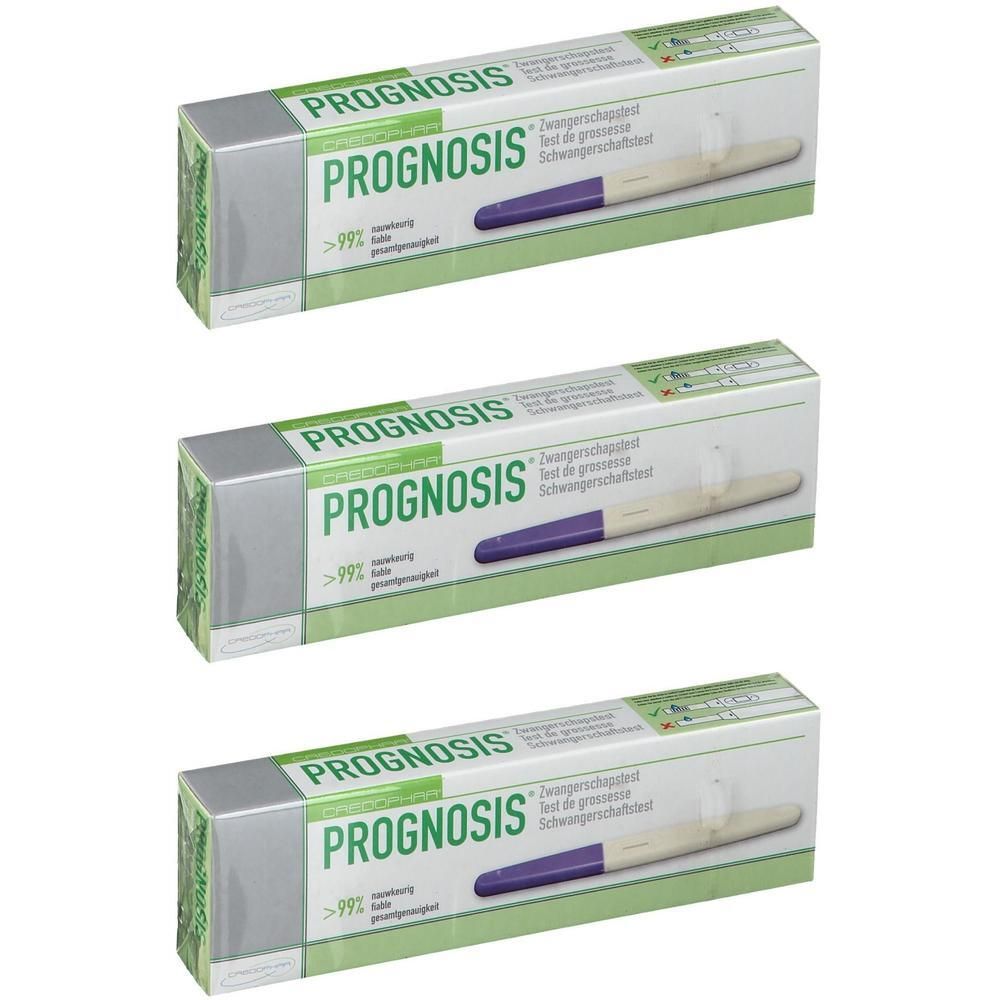Trois paquets de tests de grossesse Prognosis. Chaque paquet montre un bâtonnet de test.