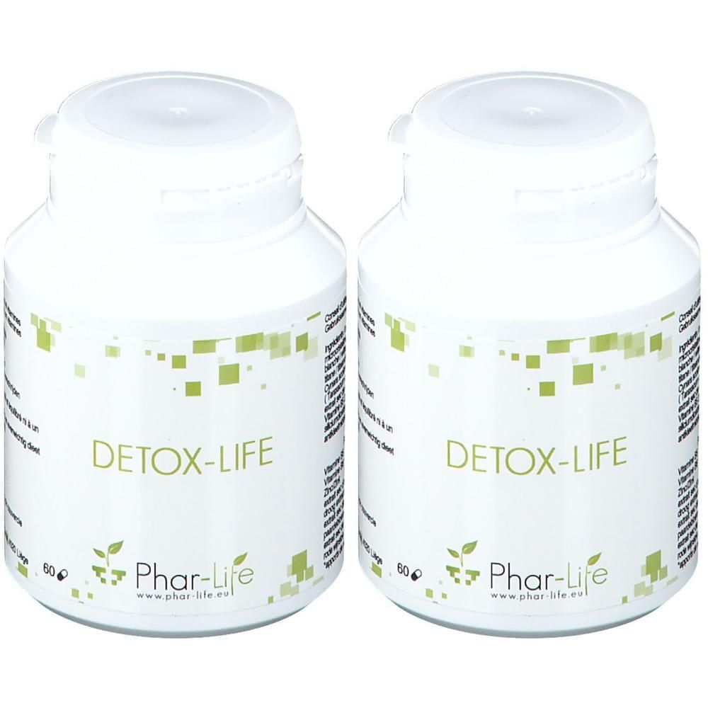 Twee witte potjes met DETOX-LIFE en Phar-Life logo. Elk 60g.