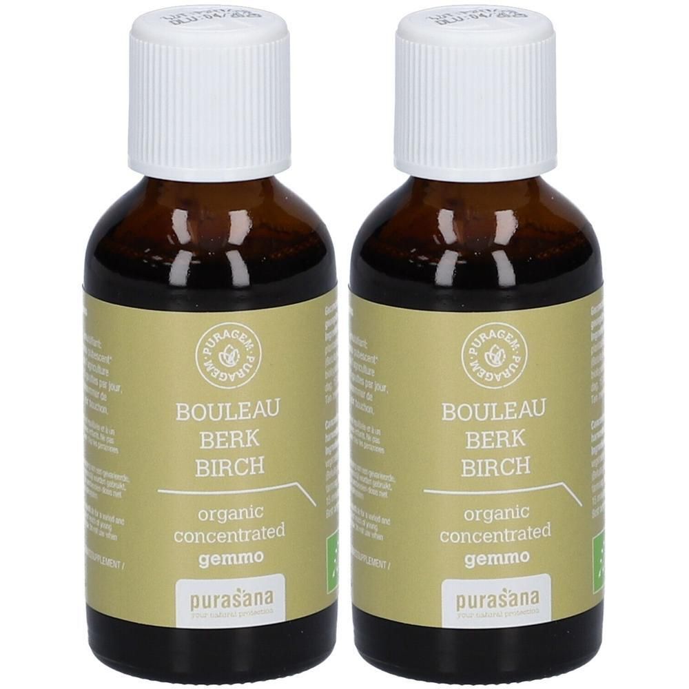Twee flesjes Purasana biologisch berk knopjes maceraat. Bruine glazen flesjes met witte schroefdop.