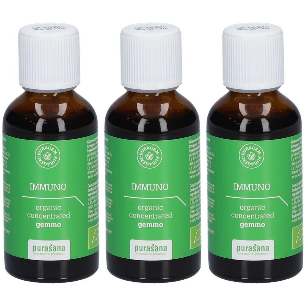 Trois flacons Purasana Immuno, gemmo concentré bio.