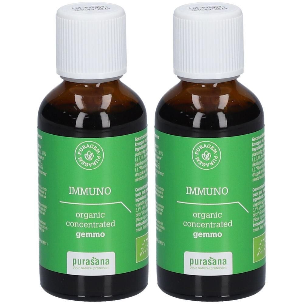 Twee flesjes Purasana Immuno, biologische geconcentreerde gemmo.
