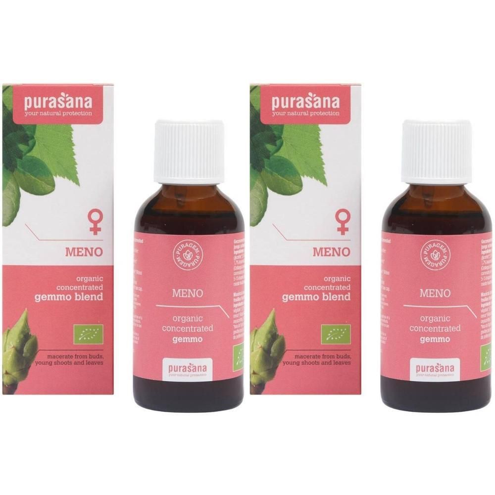 Purasana Meno organisch geconcentreerde gemmo blend in bruine glazen flesjes met witte dop.