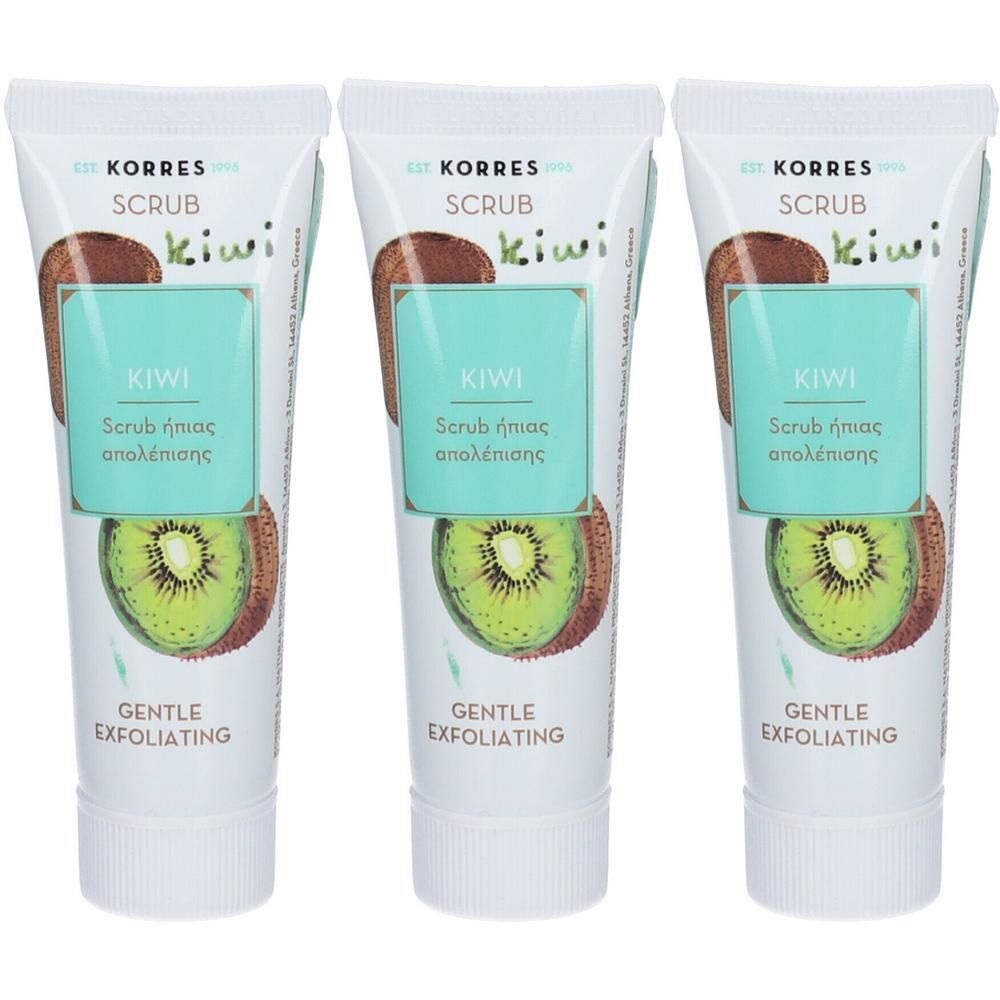 Trois tubes de gommage exfoliant doux Korres Kiwi avec illustration de kiwi.