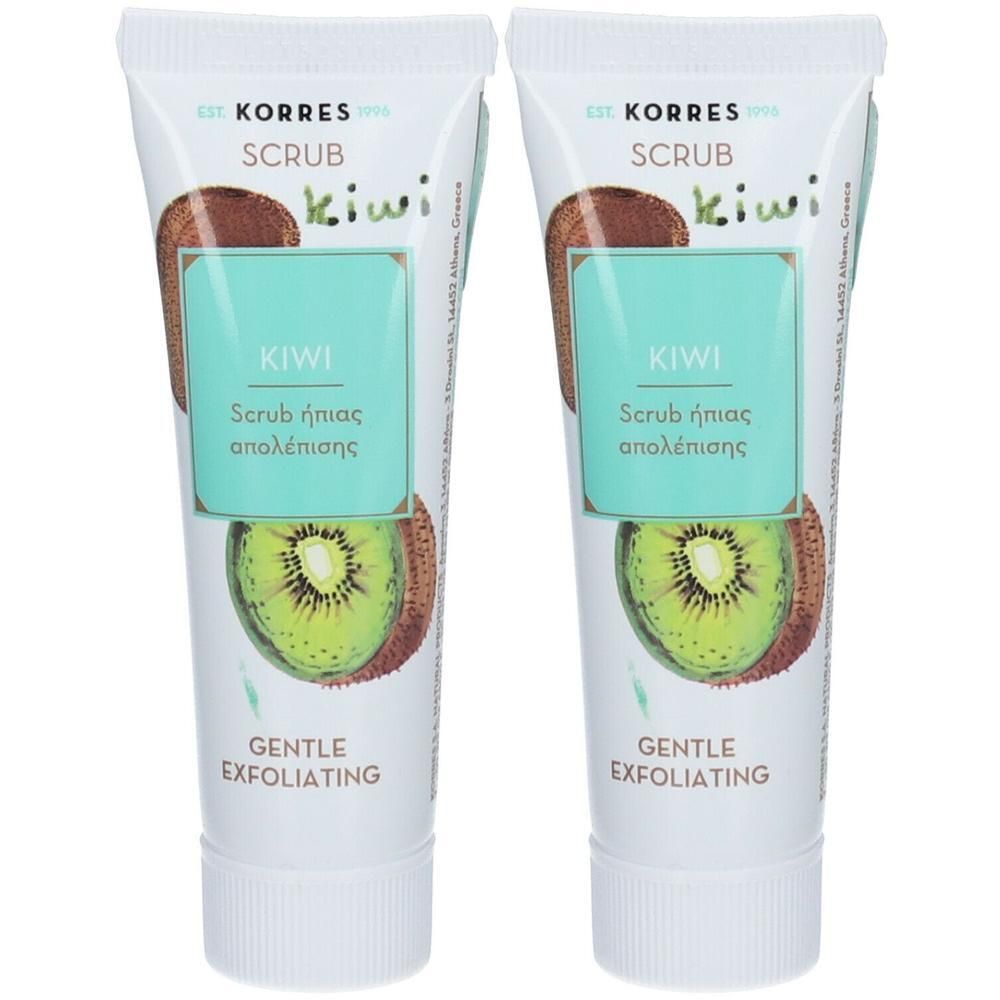 Twee Korres Kiwi Gentle Exfoliating Scrub tubes met kiwi-afbeelding en tekst.