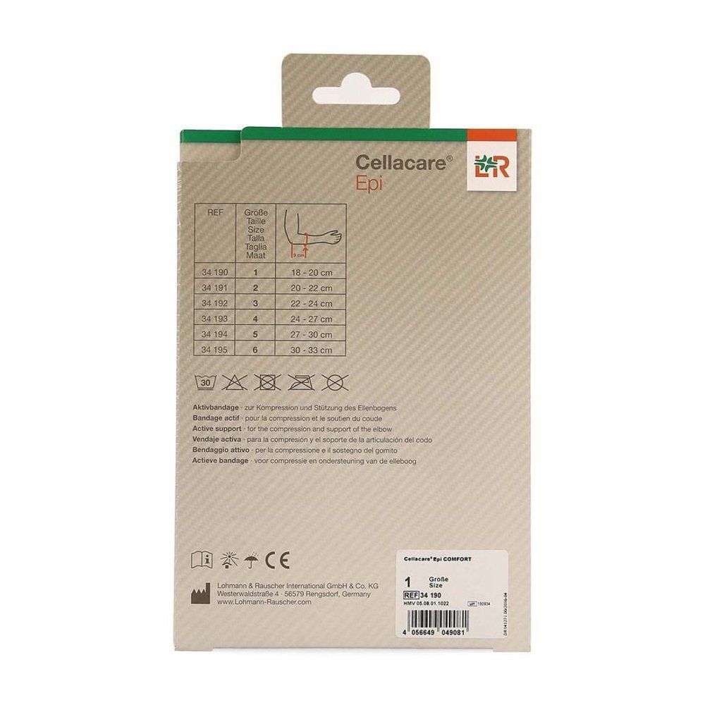 Achterkant van de Cellacare Epi verpakking met maattabel, onderhoudsinstructies en CE-markering.