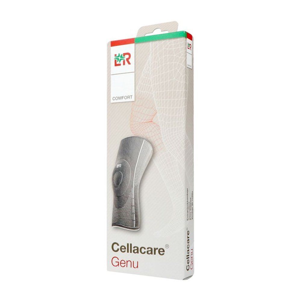 Verpakking met kniebandage, zwart, met zijdelingse pelotte en merklogo.