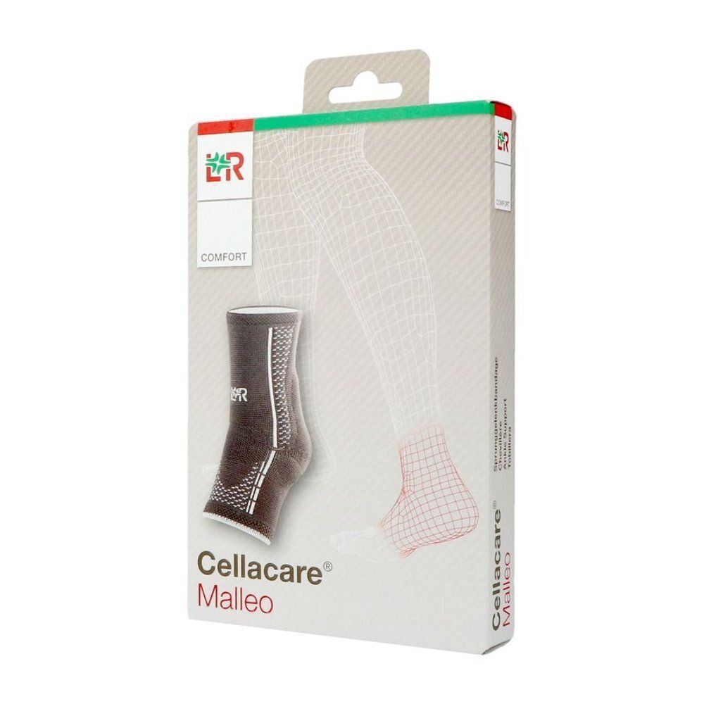 Emballage d'une genouillère marron avec accents blancs et représentation schématique d'une jambe.